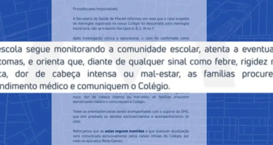 Suspeita de meningite em escola particular de Maceió acende alerta; autoridades pedem calma